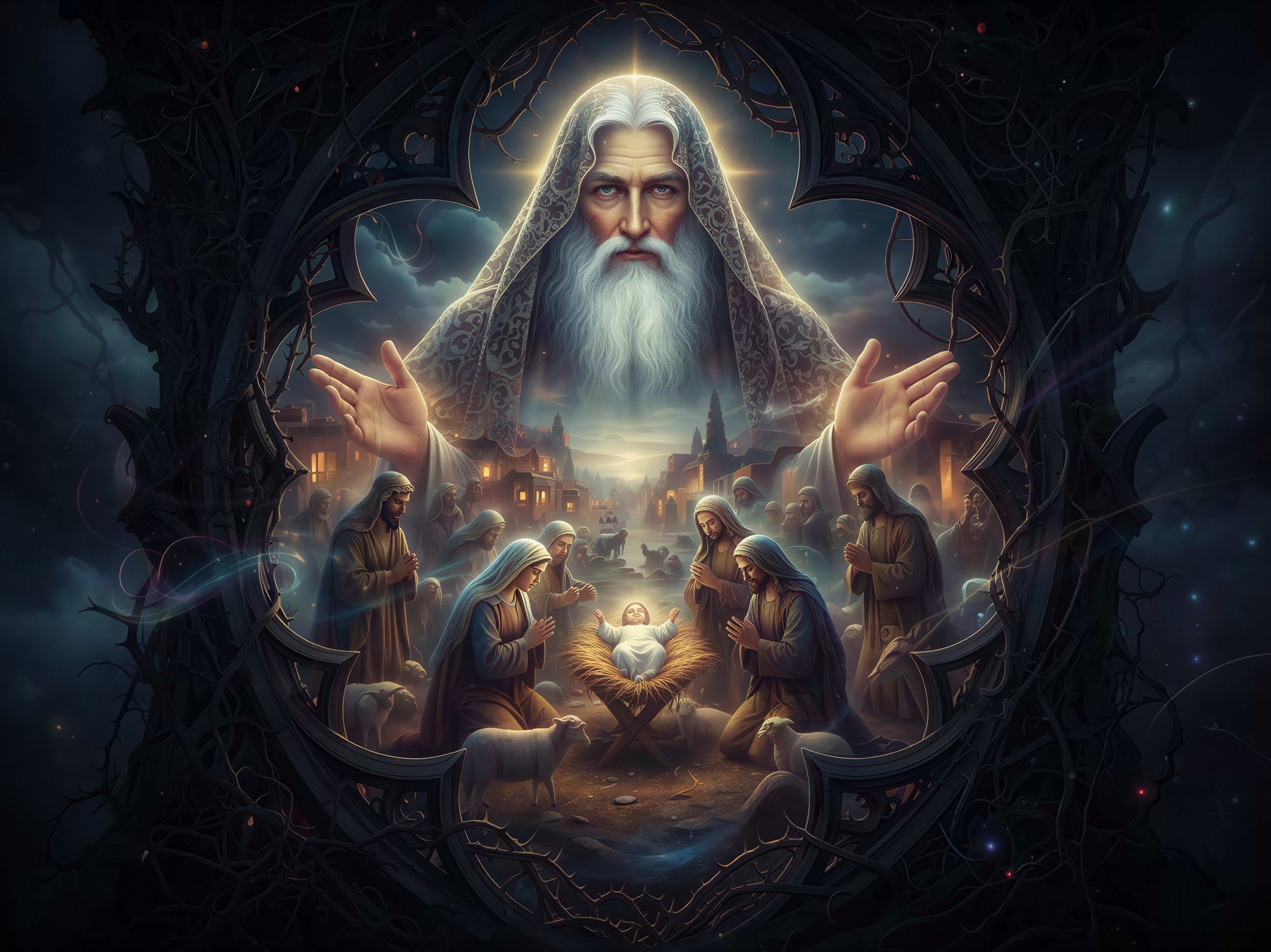 Luminous Elderly God in Dark Fantasy Nativity Scene