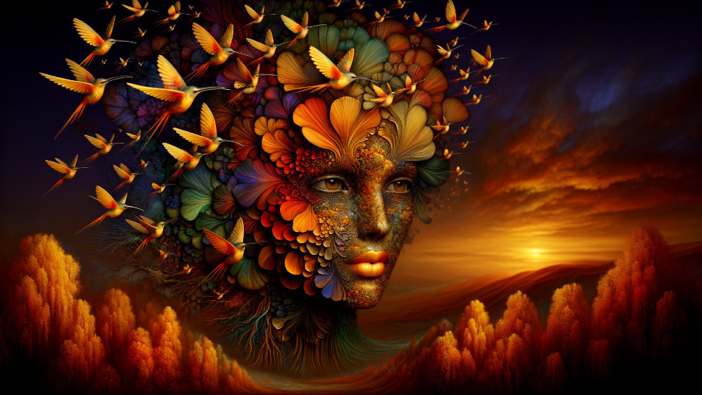 Ethereal Floral Face with Birds Against Sunset Sky