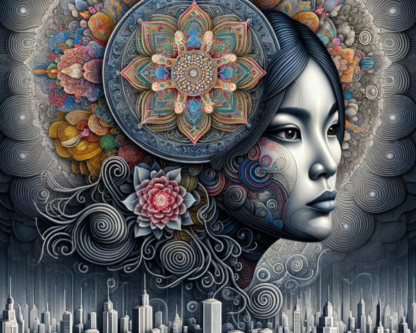 Surreal Landscape with Floral Face and City Skyline