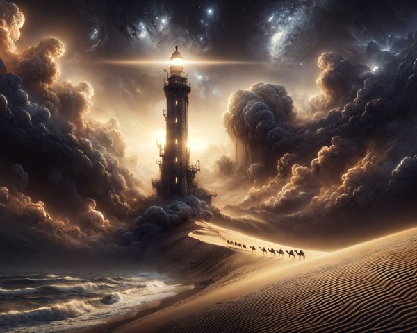 Lighthouse and Camels in Cosmic Landscape Scene