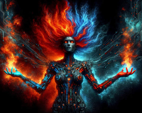 Futuristic Cybernetic Figure with Fiery Hair and Energy