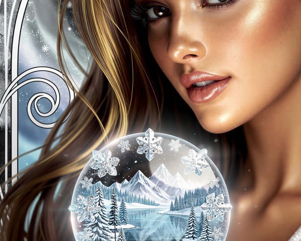 Digital painting of a woman with a crystal orb landscape