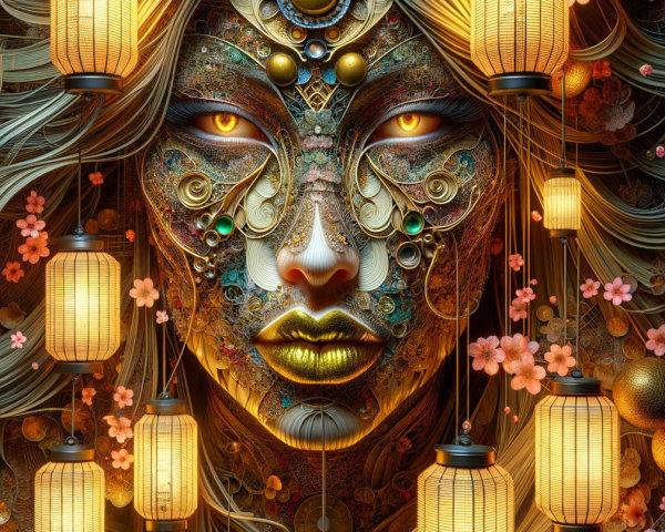 Intricately Detailed Face with Lanterns and Blossoms