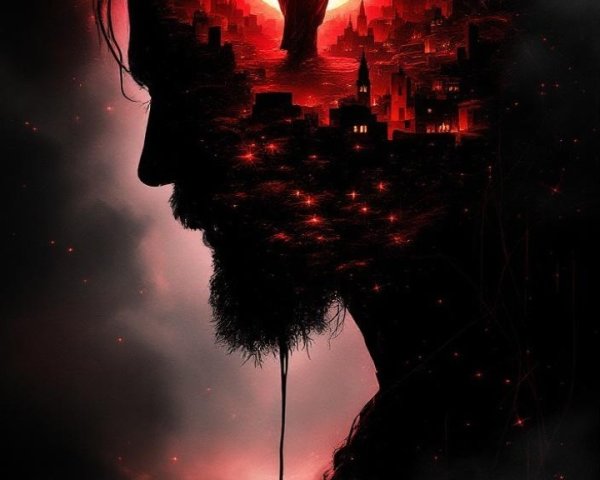 Silhouette of a man's profile with red landscape backdrop