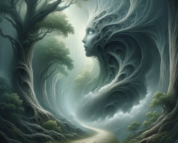 Mystical forest with entwined trees and surreal face