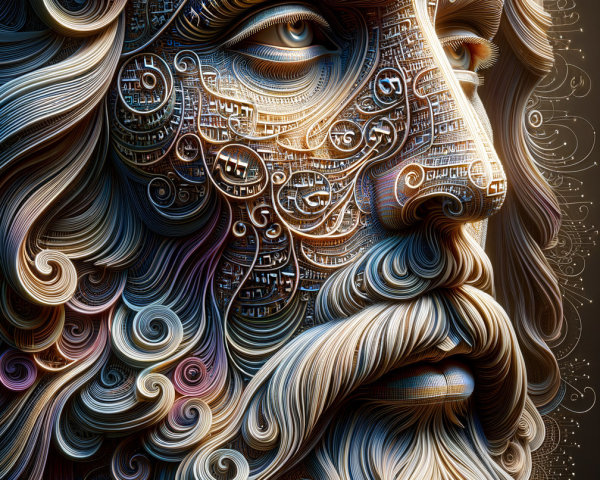 Intricate portrayal of a bearded man with wavy hair