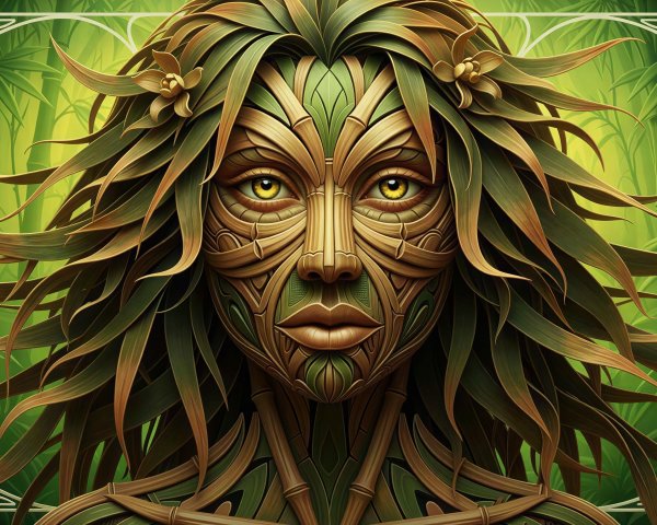 Digital Painting of a Woman's Face in Bamboo Elements