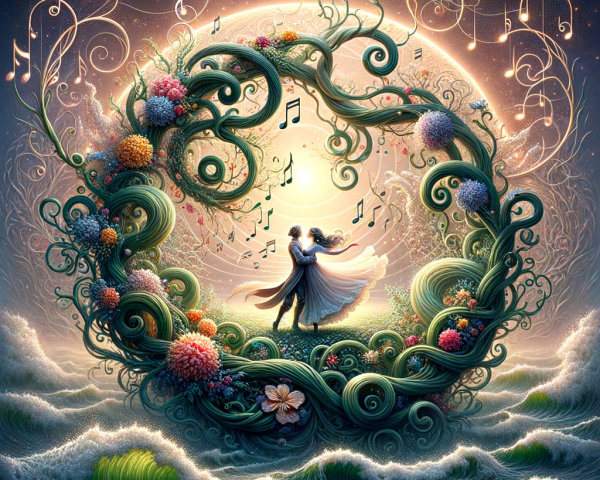 Couple Dancing in a Moonlit Garden of Vines and Flowers