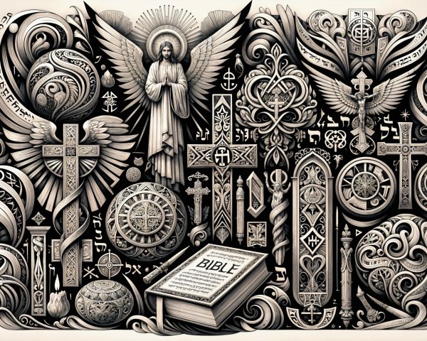 Collage of Christian Symbols with Open Bible and Patterns