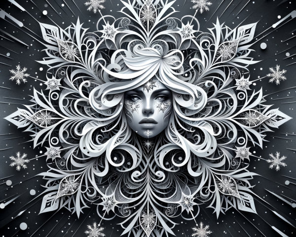 Monochromatic Design of Female Face with Foliage and Snowflakes