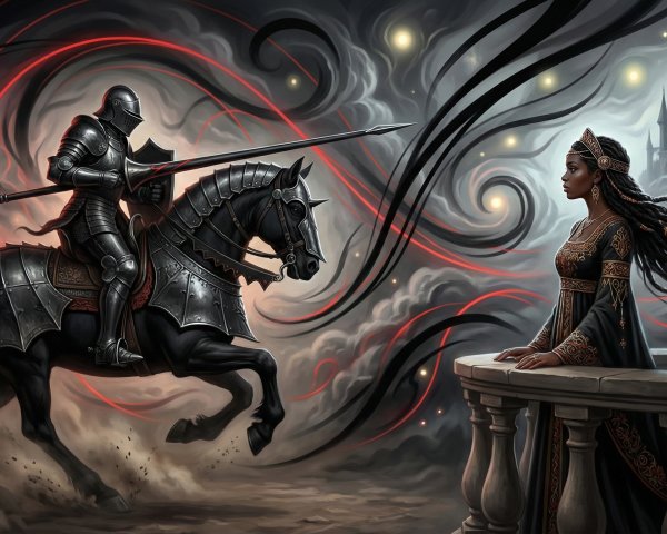 Knight in Dark Armor on Black Steed in Barren Landscape
