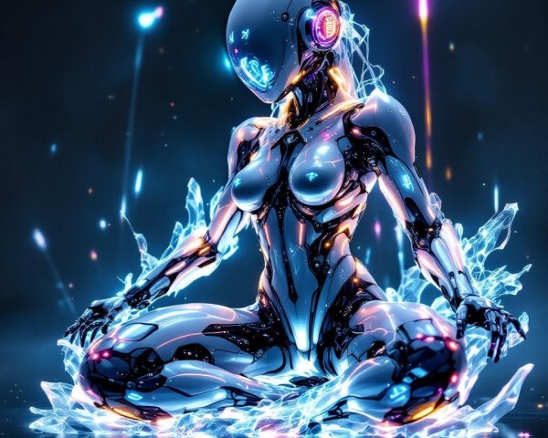 Futuristic Humanoid Robot in Meditative Pose with Crystals