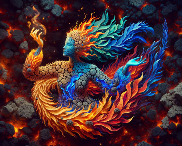 Ethereal figure in flames with textured skin and embers