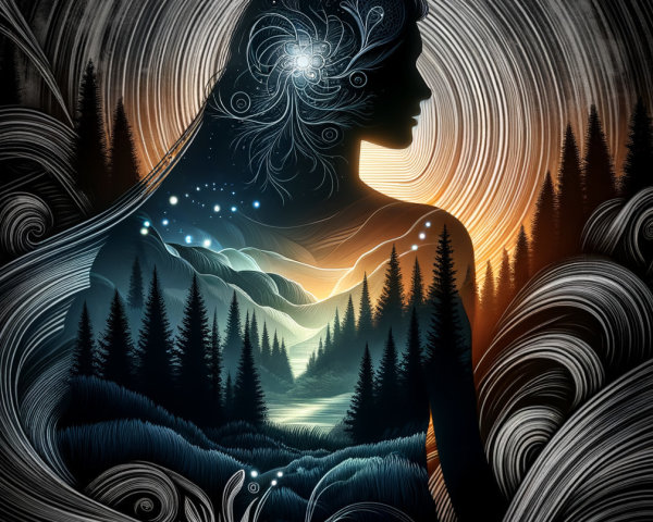 Cosmic Landscape Silhouette of a Woman with Nature