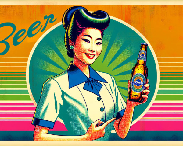 Vibrant Retro Illustration of Cheerful Woman with Beer