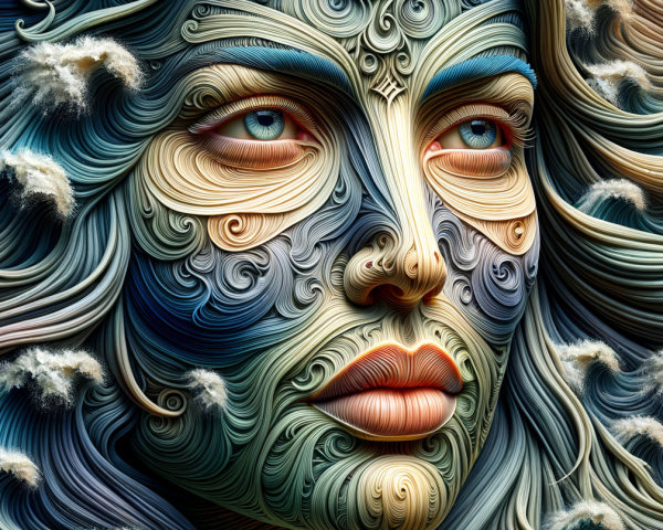 Intricate Woman's Face Blending with Ocean Waves