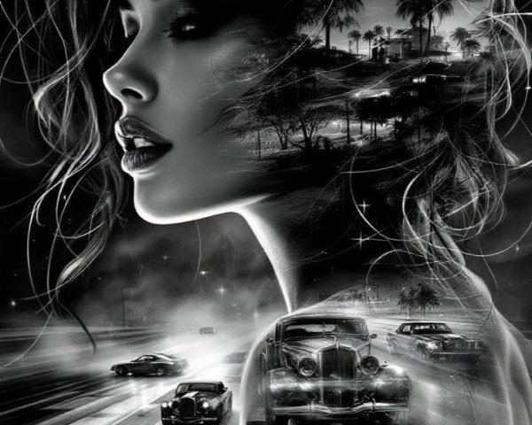 Black and white double exposure of woman and cityscape