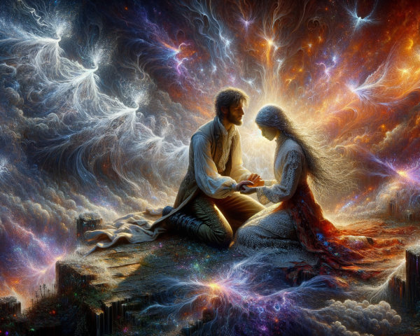Couple Kneeling in Cosmic Tapestry of Colors