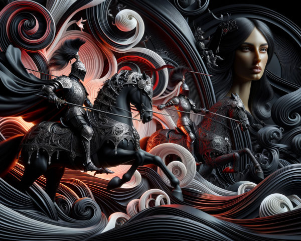 Mixed-media artwork of knights and a female figure