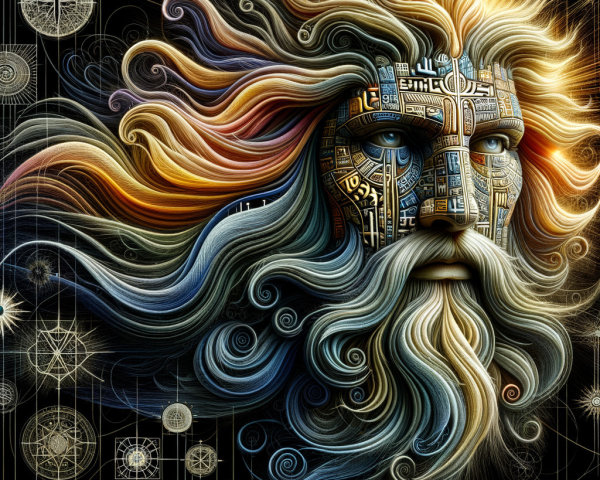 Ethereal figure with multicolored hair and patterns