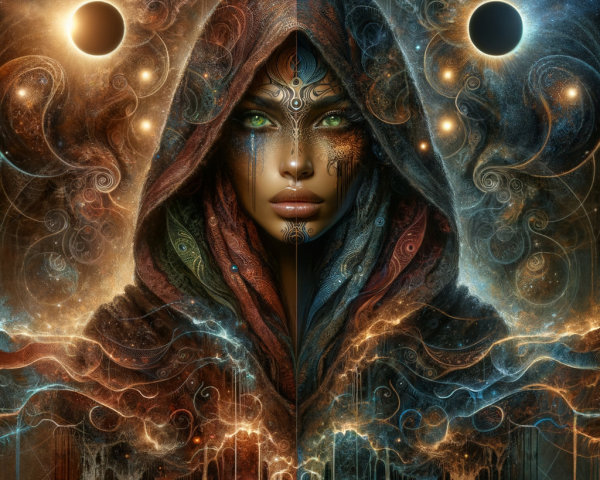Mystical Figure in Vibrant Robe Against Cosmic Backdrop