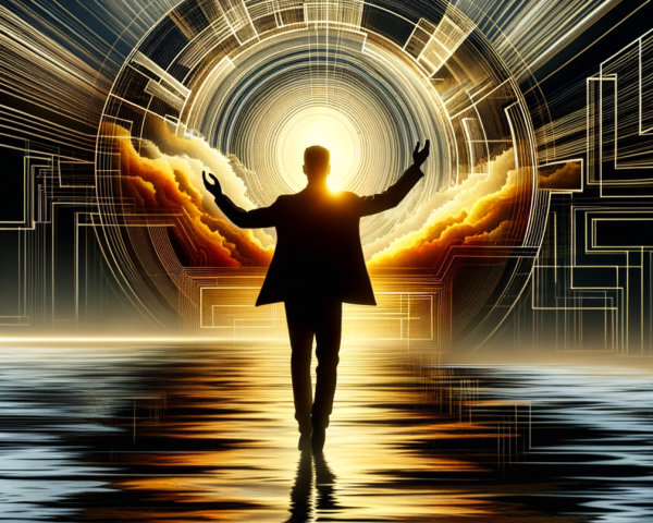 Silhouetted Figure with Radiant Sun and Geometric Patterns