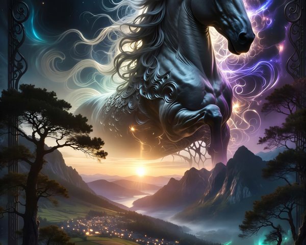 Cosmic Horse in Starry Sky Over Serene Landscape