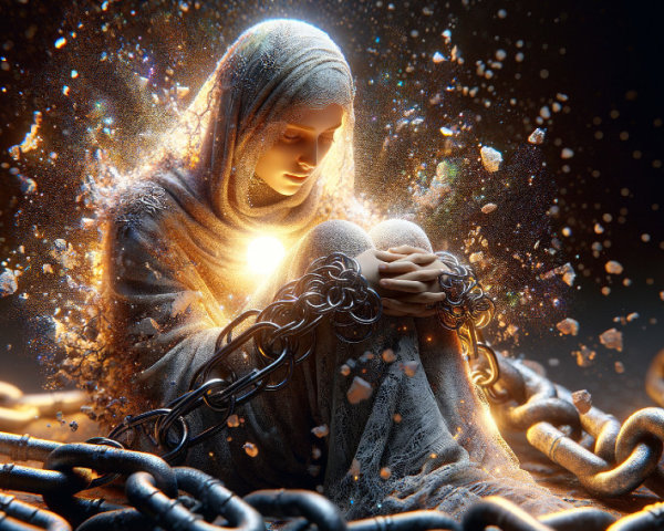 Digital painting of a person in a gray hooded cloak