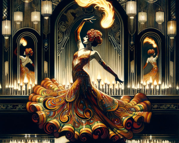 Dancer in Vibrant Dress with Flame and Mirrors