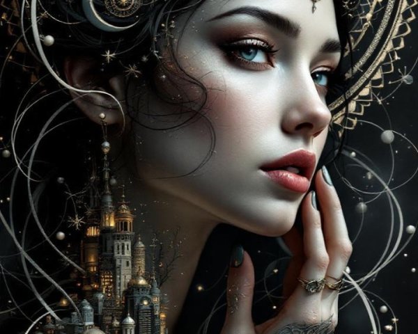 Portrait of a Woman with Tattoos and Cityscape Hair