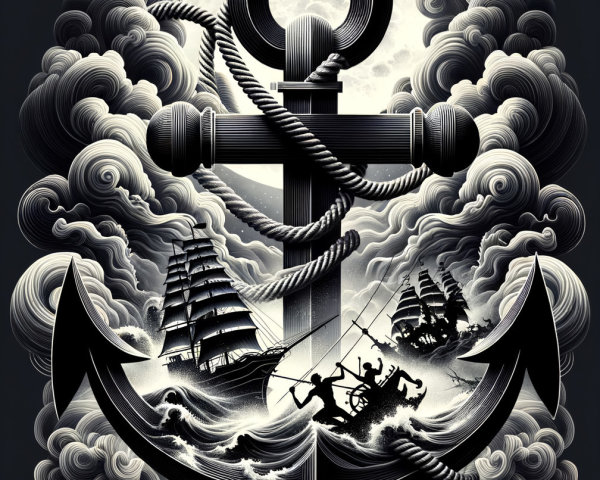 Monochromatic Maritime Scene with Anchor and Ships