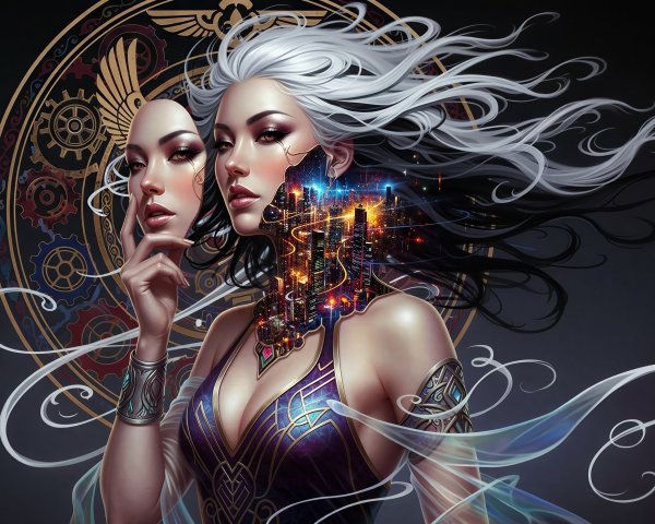 Digital Artwork of a Woman with Unique Hair and Dress