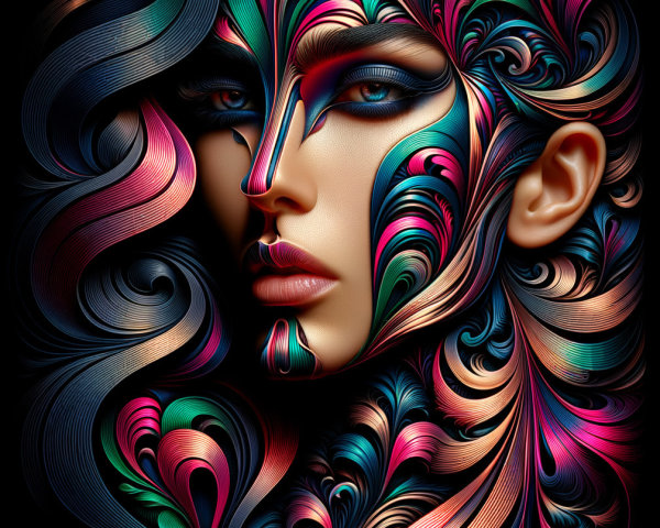 Artistic portrayal of a woman's face with patterns