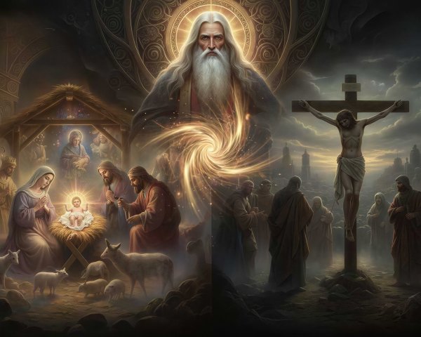 Digital Artwork of Jesus Christ's Nativity and Crucifixion