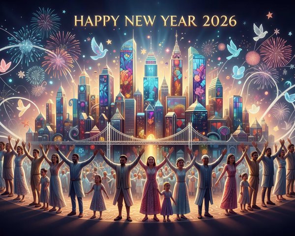 Festive Digital Painting Welcoming 2026 with Fireworks