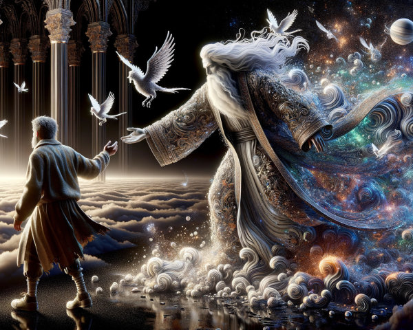 Cosmic Figure in Celestial Setting with Doves and Clouds