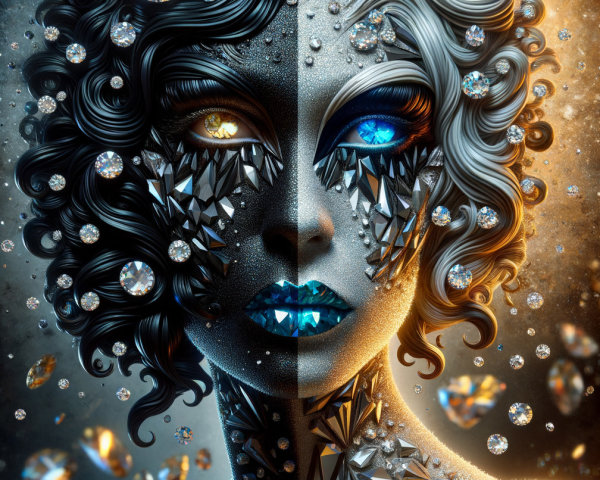 Artistic Split-Faced Figure with Diamonds and Crystals