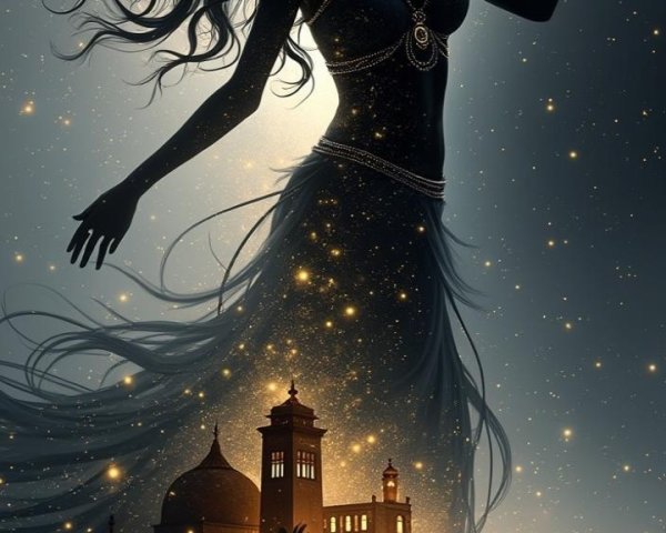 Mystical Woman Silhouette Against Moonlit Cityscape