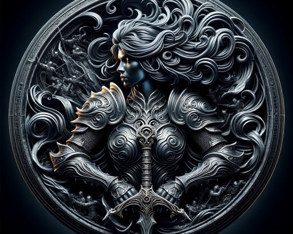 Intricate Relief of a Warrior Woman in Silver Armor