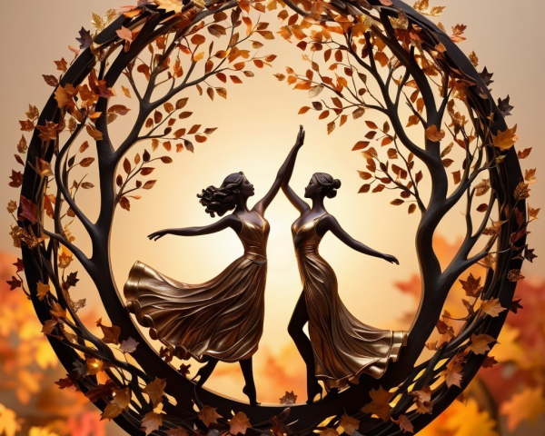 Sculpture of Two Women Dancing with Autumn Leaves