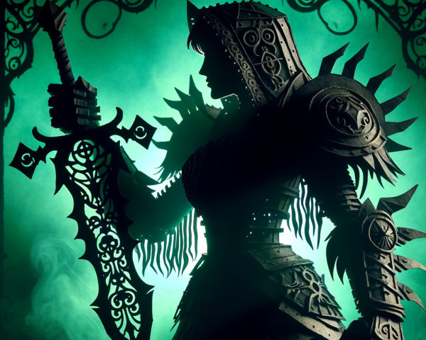 Silhouette of a Warrior in Ornate Armor and Fog