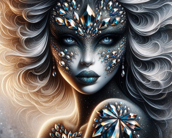Ethereal figure with crystal embellishments and silver hair