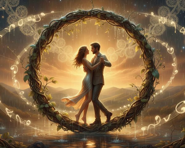 Couple Dancing Under Sunset on Wreath Arch