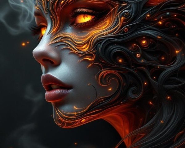 Striking Female Face with Patterns and Flames