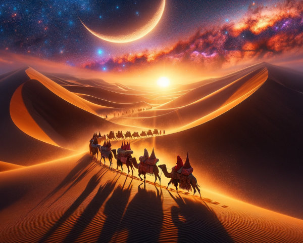 Travelers on Camels in Desert at Sunset with Stars