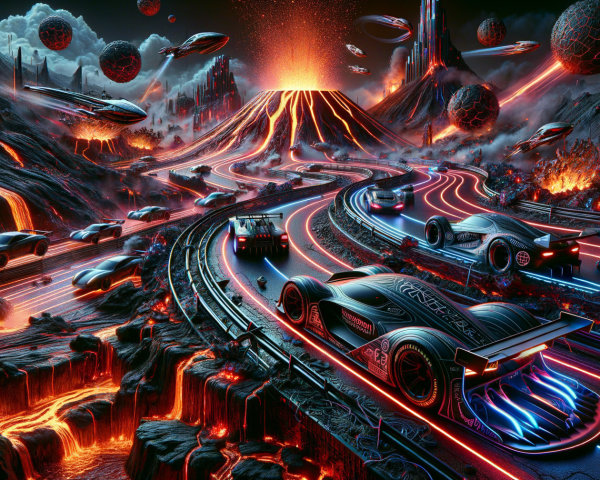 Futuristic landscape with neon cars and volcanic eruptions