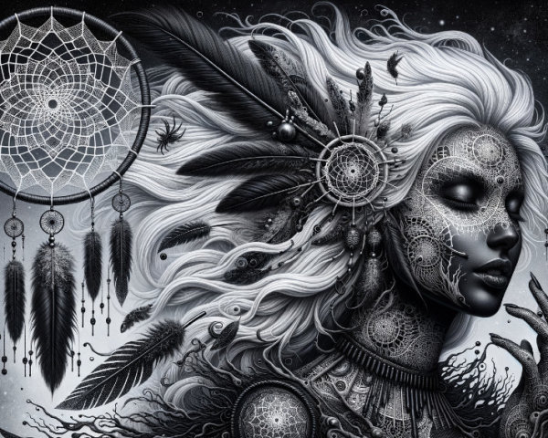 Mystical Woman with Tribal Elements and Dreamcatcher