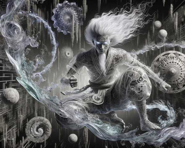 Mystical Figure Surrounded by Cosmic Patterns and Energy