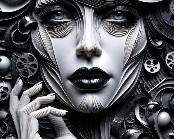 Monochrome Face Artwork with Floral and Mechanical Motifs