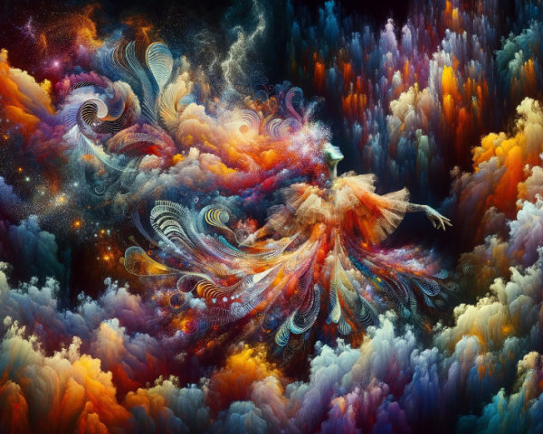 Ethereal Figure in Colorful Gown Among Vibrant Clouds